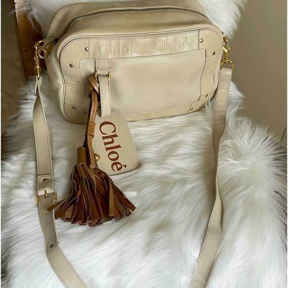 Chloe Cream Leather Crossbody Bag with Tassel Charm - Picture 1 of 13